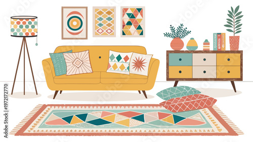 Vibrant 1950s style home decor bundle with geometric pillows colorful rug and retro furniture on white background