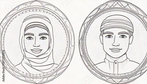 Ancient coin portraits of a man and woman, historical artifacts, detailed artwork.