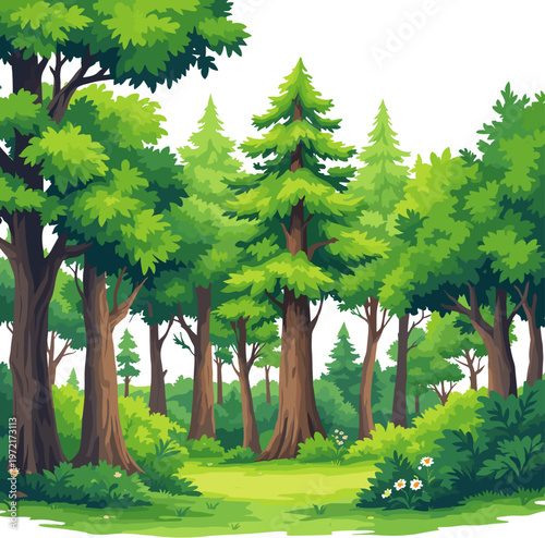 Forest clearing with pine trees and soft light, peaceful woodland opening landscape illustration perfect for nature background and outdoor design