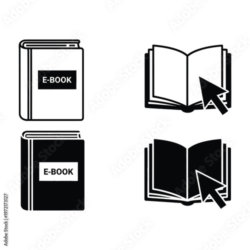 E book icons with black and white book illustrations and cursor pointers