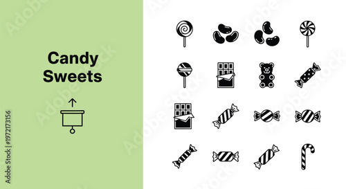 A comprehensive vector graphic illustration featuring a diverse collection of popular candy and sweet icons