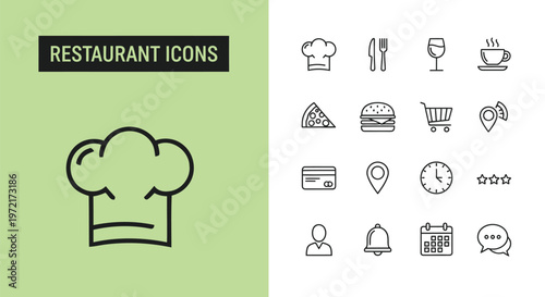 Collection of essential restaurant, food, and business vector line icons for modern digital graphic design