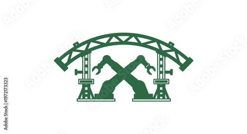 Green Industrial Robot Arms Crossing Under Arching Structure.