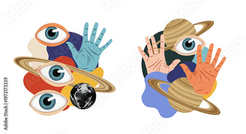 Eyes and hands in space orbit.
