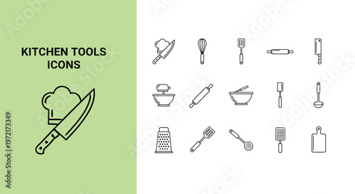 Simple outline vector graphic collection displaying various essential kitchen tools used for preparing delicious gourmet meals