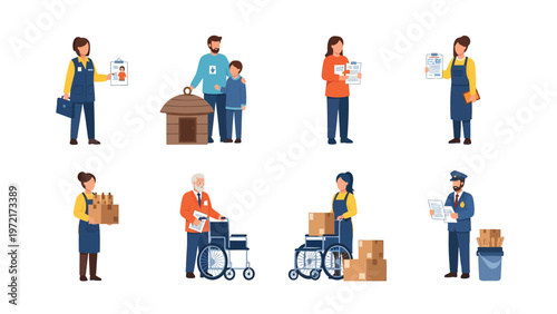Social Service & Community Support Vector Illustrations: Volunteers, Caregivers, and Aid Workers Helping Diverse Individuals