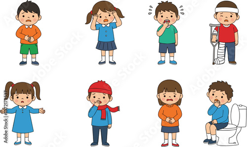Sick Children Character Set Showing Various Symptoms Like Headache Stomach Ache Fever Coughing Injury And Medical Issues For Pediatric Health Care