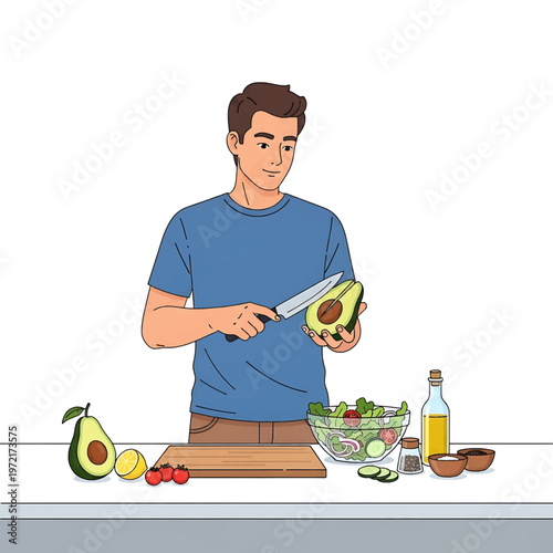 Man cutting avocado on kitchen counter.