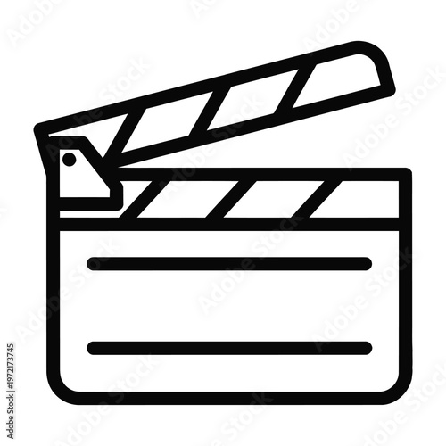 Film clapper board icon in black outline on white background for movie production and filmmaking concepts