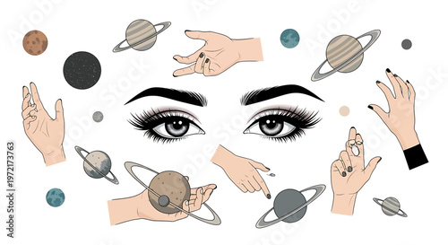 Hands and eyes with planets floating.