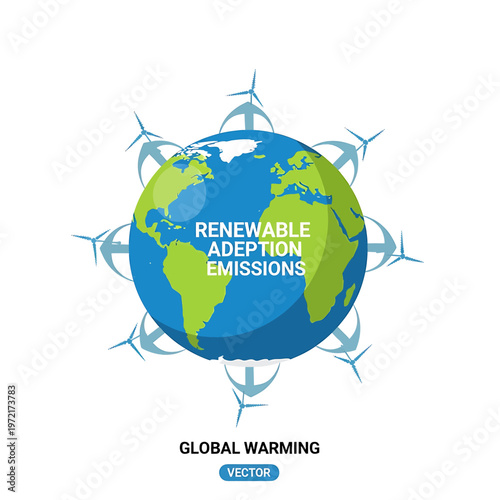Earth with wind turbines around globe.