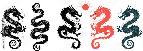 Traditional Chinese Dragon Illustration Set Featuring Oriental Mythological Creatures Asian Cultural Symbols Tattoo Designs and Red Sun Icons for Lunar New