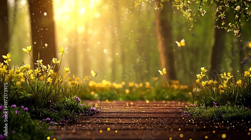 Serene Forest Pathway Bathed in Golden Light with Vibrant Flowers and Butterflies Surrounding a Tranquil Nature Scene
