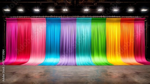 Colorful Fabric Backdrop Display for Events and Photography with Vibrant Drapes in Various Shades and Textures Illuminated by Stage Lighting