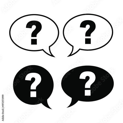 Four speech bubbles with question marks in black and white