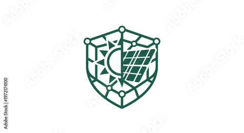 Green Shield Icon Depicting Solar Energy and Sun Power.