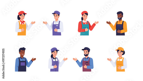 Diverse cartoon service staff presenting. Friendly hospitality, retail, and customer support team avatars gesturing for explanation or welcome.