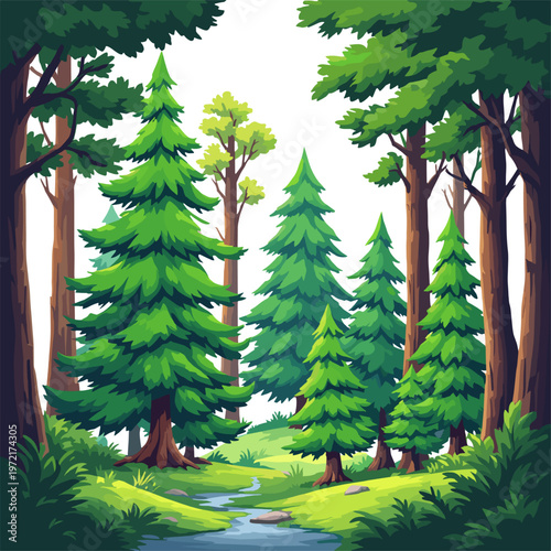 Mixed forest with open clearing and sunlight, lush green woodland landscape illustration perfect for nature, outdoor and environment themes