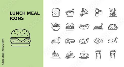 Diverse vector graphic illustration featuring various popular lunch meal food and drink outline icons.