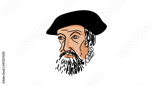 Hernan Cortes portrait, flat vector illustration