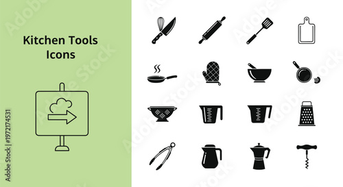 Modern black glyphs depicting a comprehensive set of cooking and baking kitchen tools vector illustration.