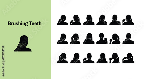 Vector graphic illustration set of silhouettes showing a woman brushing her teeth for dental health