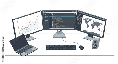A high performance developer workstation consists of three large monitors displaying complex software code financial data charts and a detailed global world map.