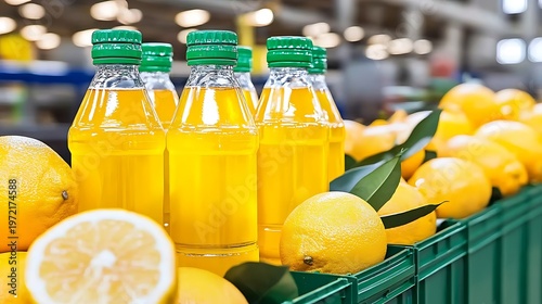 Fresh Lemonade Bottles Surrounded by Bright Yellow Lemons in a Grocery Store Display