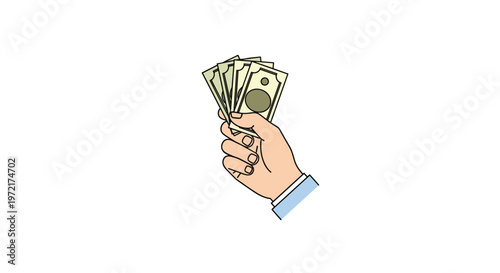 A clean illustration depicts a human hand firmly grasping a fan of green paper currency bills against a pristine and minimalist white studio background.