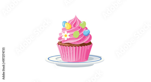 A delicious gourmet cupcake featuring vibrant pink swirl frosting and colorful speckled candy eggs rests elegantly upon a simple white ceramic serving plate.