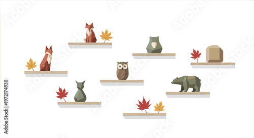A series of low-poly geometric animal figurines including foxes and a bear are positioned on floating wooden shelves alongside vibrant autumn maple leaves.