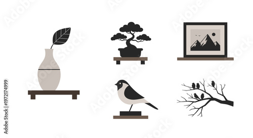Five distinct minimalist home decor items including a bonsai tree and a bird figurine are arranged neatly on individual shelves against a stark white background.