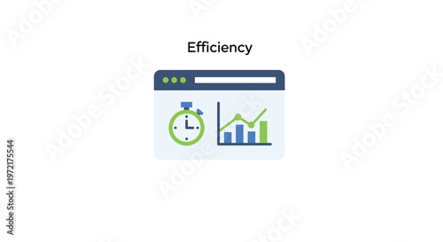A clean digital icon labeled Efficiency features a stylized browser window containing a bright green stopwatch alongside a blue bar graph and rising line chart.