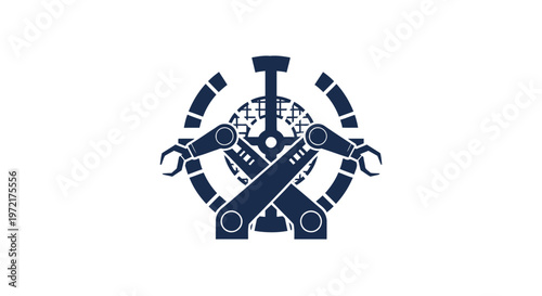 Intricate robotic arms and gears logo design on white background.