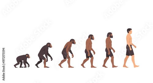 A detailed color illustration depicts the evolutionary stages of man starting from a small primate and progressing through various hominid forms to a modern human.
