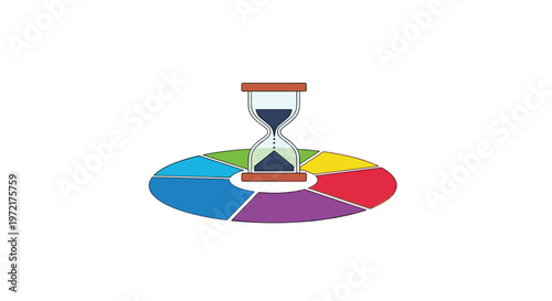 A classic hourglass with dark sand rests upon a spatial perspective circular platform featuring six distinct colorful segments on a pristine white backdrop.