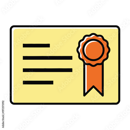 Certificate icon with orange ribbon and yellow background for award or recognition