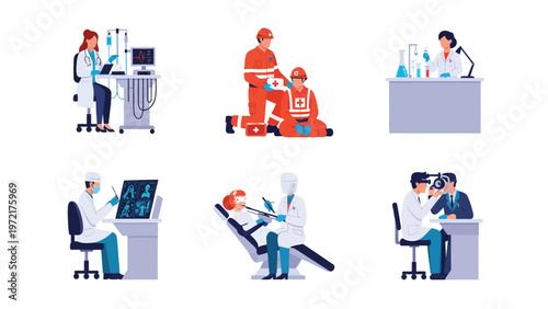 Healthcare, Science, and Emergency Professions Set: Doctors, Scientists, Paramedics, Dentists, Ophthalmologists at Work