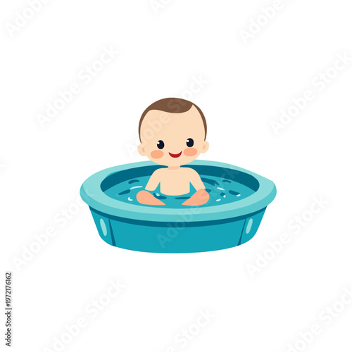 Baby Bath Time Fun - Cute Infant in Tub, Cartoon Illustration for Children, Playful Water, Clean and Happy, Nursery Decor, Childcare Concept, Isolated Vector Graphic Design
