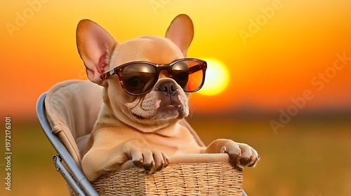 Adorable French Bulldog Wearing Sunglasses in a Basket During a Beautiful Sunset in a Vibrant Field