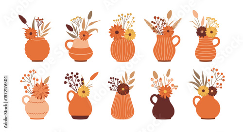 This elegant set of ten textured and patterned flower vases is presented on a plain white background featuring earthy tones and delicate dried flowers.