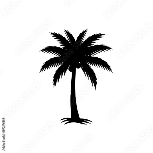 A stylized black silhouette of a lone palm tree against a plain background
