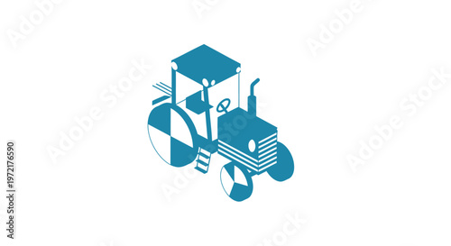 Isometric Illustration of a Blue Tractor Isolated on White Background.