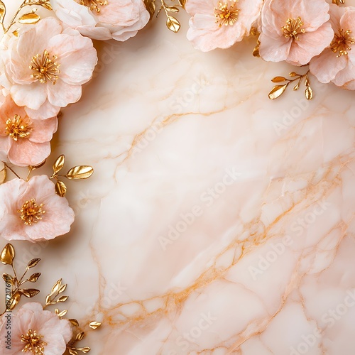 Elegant Floral Arrangement with Soft Pink Flowers and Golden Accents on Marble Background for Stylish Designs and Modern Decor Projects