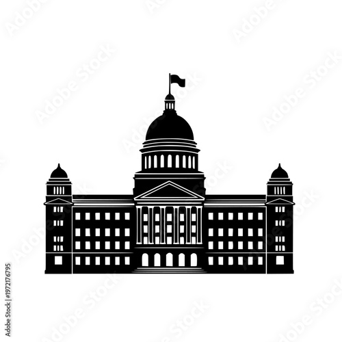 Elegant black and white illustration of a grand state capitol building with a dome.