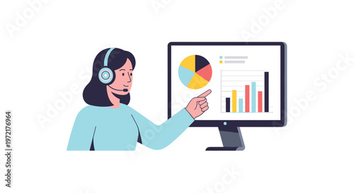 A professional female support agent with dark hair wearing a headset points her finger at a computer monitor displaying colorful business charts and graphs.