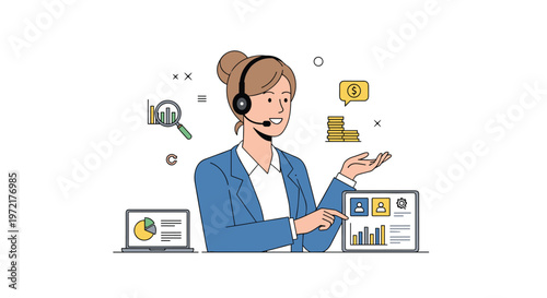 A professional female customer service representative wearing a black headset manages financial data and analytics using a laptop and tablet in line art.