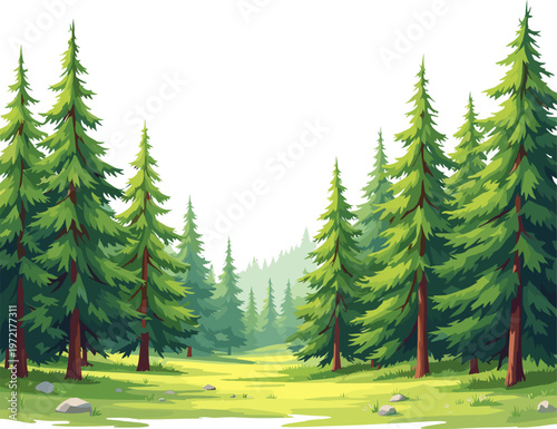 Forest clearing with pine trees and soft light, peaceful woodland opening landscape illustration perfect for nature background and outdoor design