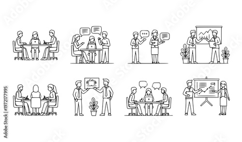 Minimal office communication line icons scenes business team meeting collaboration black and white vector illustration isolated on white