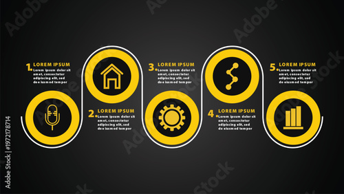 Icon based infographic with circular layout and yellow accents for business concept explanation
